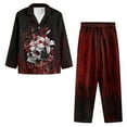 thumbnail image 3 of SCRAWLGOD Halloween Lily Floral Print Red Black Men Pajamas Set Long Sleeve Pjs, 2Pcs Notch Collar Button Down Tops Soft Elastic Waistband Bottoms with Pockets, Breathable Loungewear, L, 3 of 6