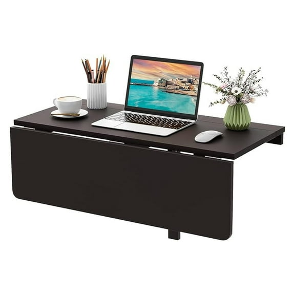 PINDEE Wall Mounted Folding Table, 31.5" x 23.5" Wood Murphy Desk, Drop-Leaf Space Saving Floating Table for Small Spaces, Study, Bedroom, Bathroom (Brown)