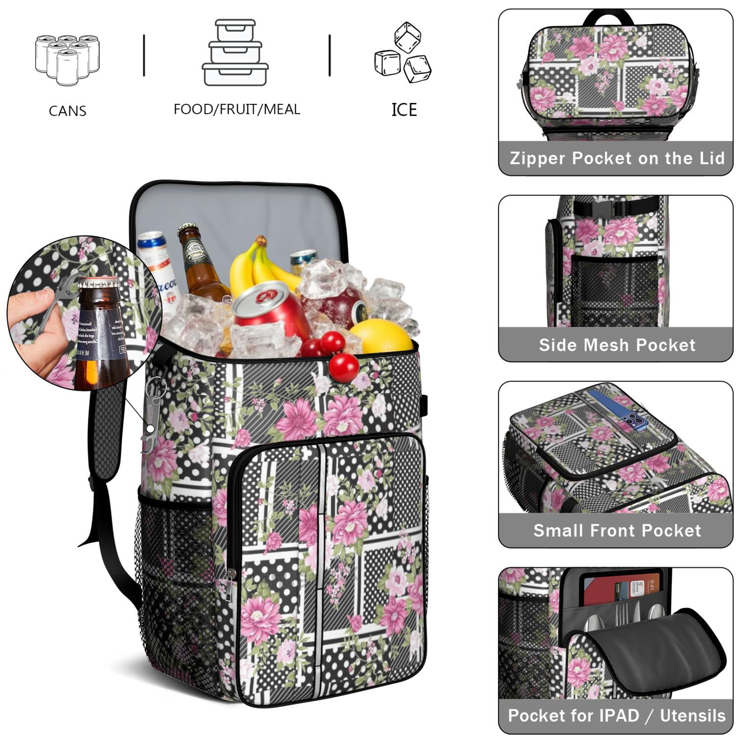 Travel Cooler Bag - Pioneer Flower Camping Beer Cooler Backpack with Bottle Opener- Waterproof Insulated Picnic Backpacks - Cooler Bag for Beach