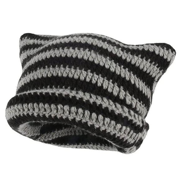 Cat Beanie Crochet Hats with Ears Knitted Striped Winter Warm Elastic Cap, Black and Grey