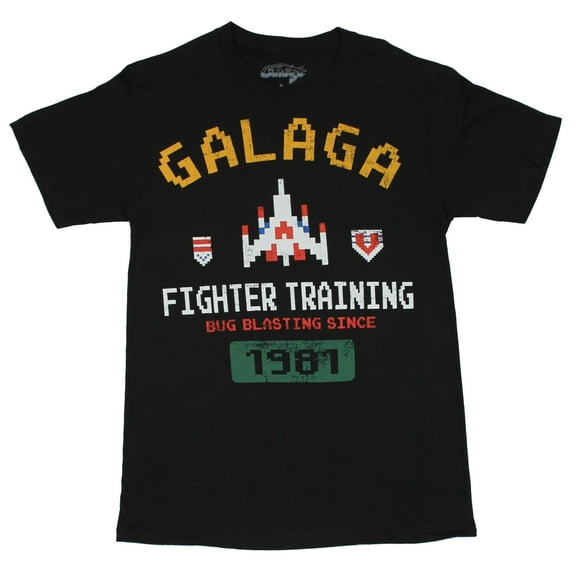 Galaga Mens T-Shirt - Fighter Training Bug Blasting Since 1981 Distressed Image (Small)