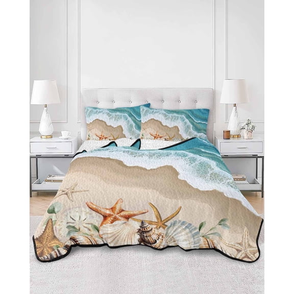 Quilts Full Size, Coastal Beach Ocean Soft Comforter Bedding Set for Bed, Nautical Starfish Shells Conch Lightweight Quilted Bedspread with Pillow Cover(2 Pieces) for All Season, 78x90 Inch