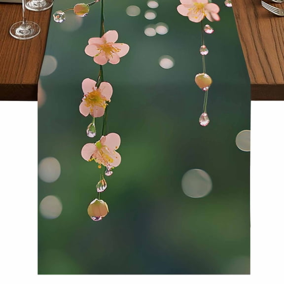 Pink Spring Flowers 60 Inch Table Runner, Botanical Summer Floral Farmhouse Farmhouse Dresser Scarf Cotton & Linen Tablerunner for Dining/Kitchen Island/Holiday Party Décor 13" x 60"