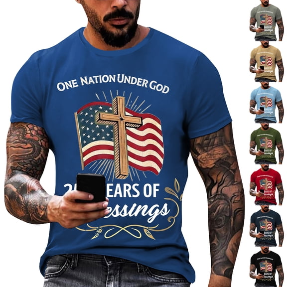 Men's Loose Fit Flag Print T-Shirt, ONE NATION UNDER GOD Graphic Short Sleeve Top for Casual Daily Wear, Summer Patriotic Tee Black L