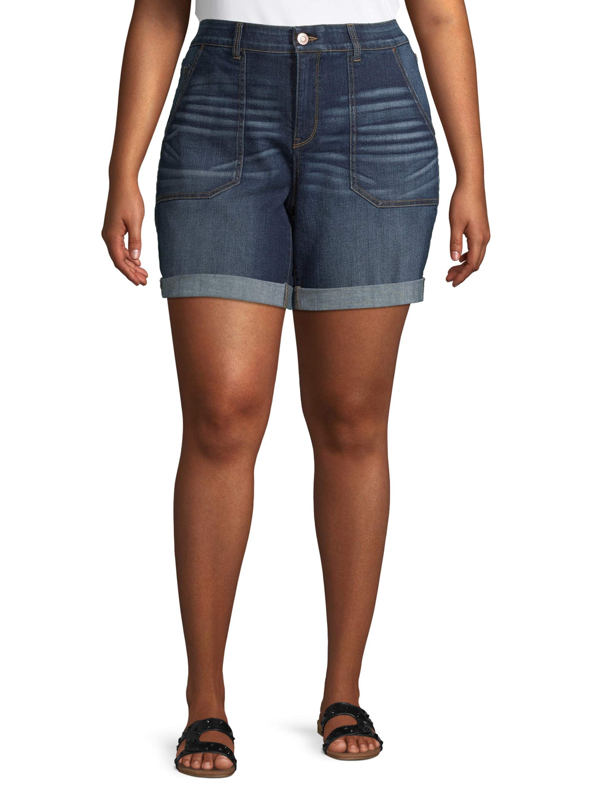 Terra & Sky Women's Plus Size 7 inch Utility Pocket Cuffed Denim Shorts ...