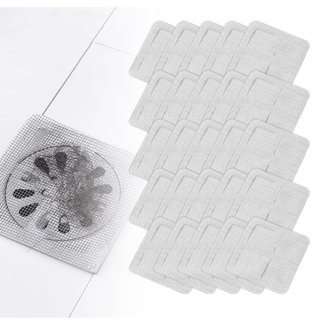 Cagogo under $5 Disposable Hair Catcher, featuring 100 PCS of mesh drain stickers designed to trap hair and debris in sinks, tubs, and showers. The adhesive-backed mesh filters are shown in a grid layout alongside a close-up of one sticker in use on a drain, effectively preventing clogs. Suitable for bathroom and kitchen use, these disposable shower drain covers offer quick and easy maintenance.