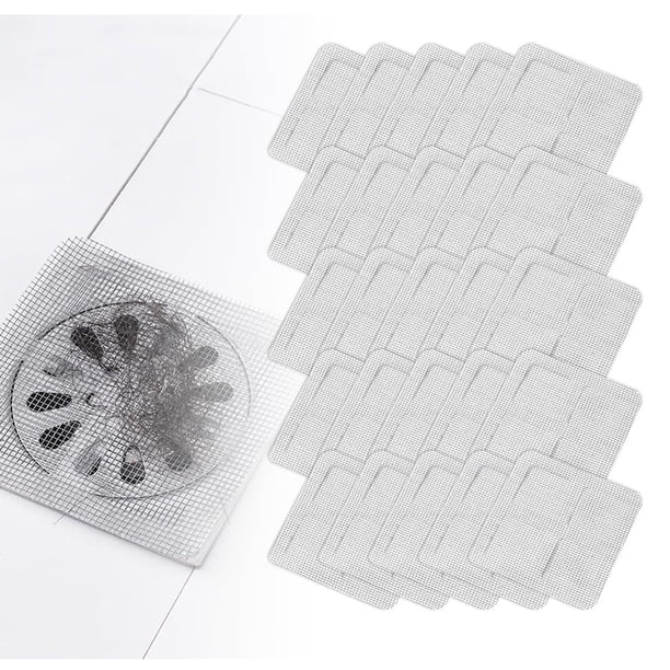 Recogedor de pelos desechable para desagüe de ducha | 100 pegatinas de malla de fibra de vidrio para baño, bañera y lavabo | Protector de desagüe de 10 x 10 cm con adhesivo resistente