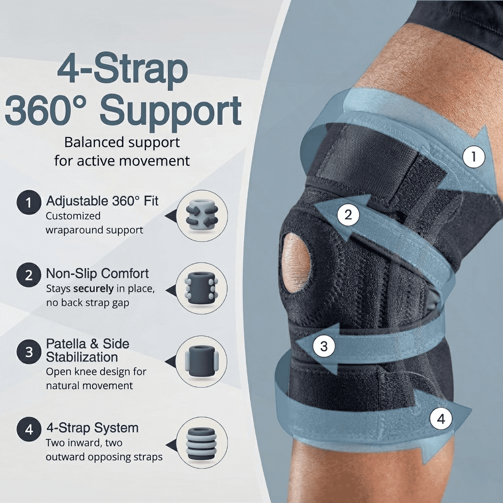 Adjustable Knee Brace with Side Stabilizers, Knee Support Compression Wrap for Men and Women, Breathable Knee Sleeve for Running, Gym, Workout, Basketball, Hiking, Size [Medium]
