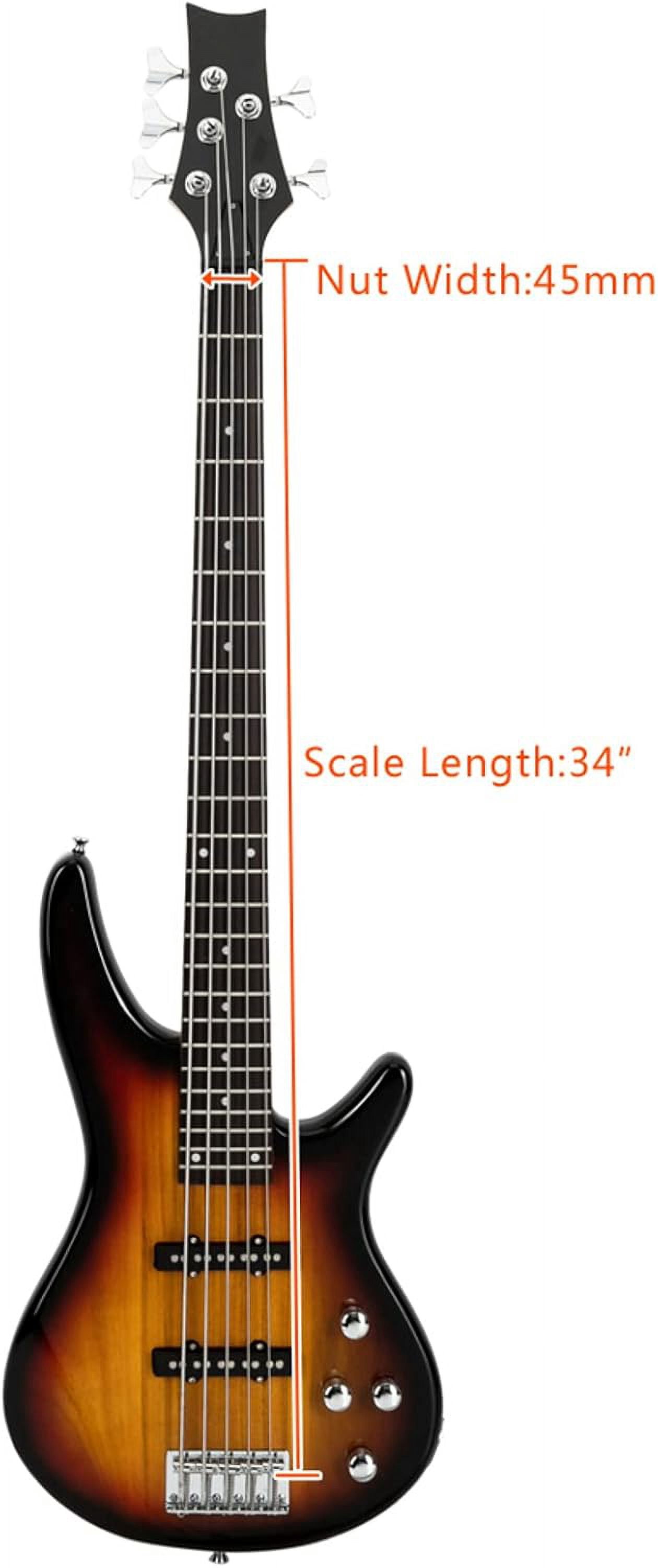 HarmonyStrings 5 String Electric Bass Guitar, Full Size Standard Right Handed Rosewood Fretboard Bass Kit with Gig Bag Strap Cable Wrench Tool Sunset Classic