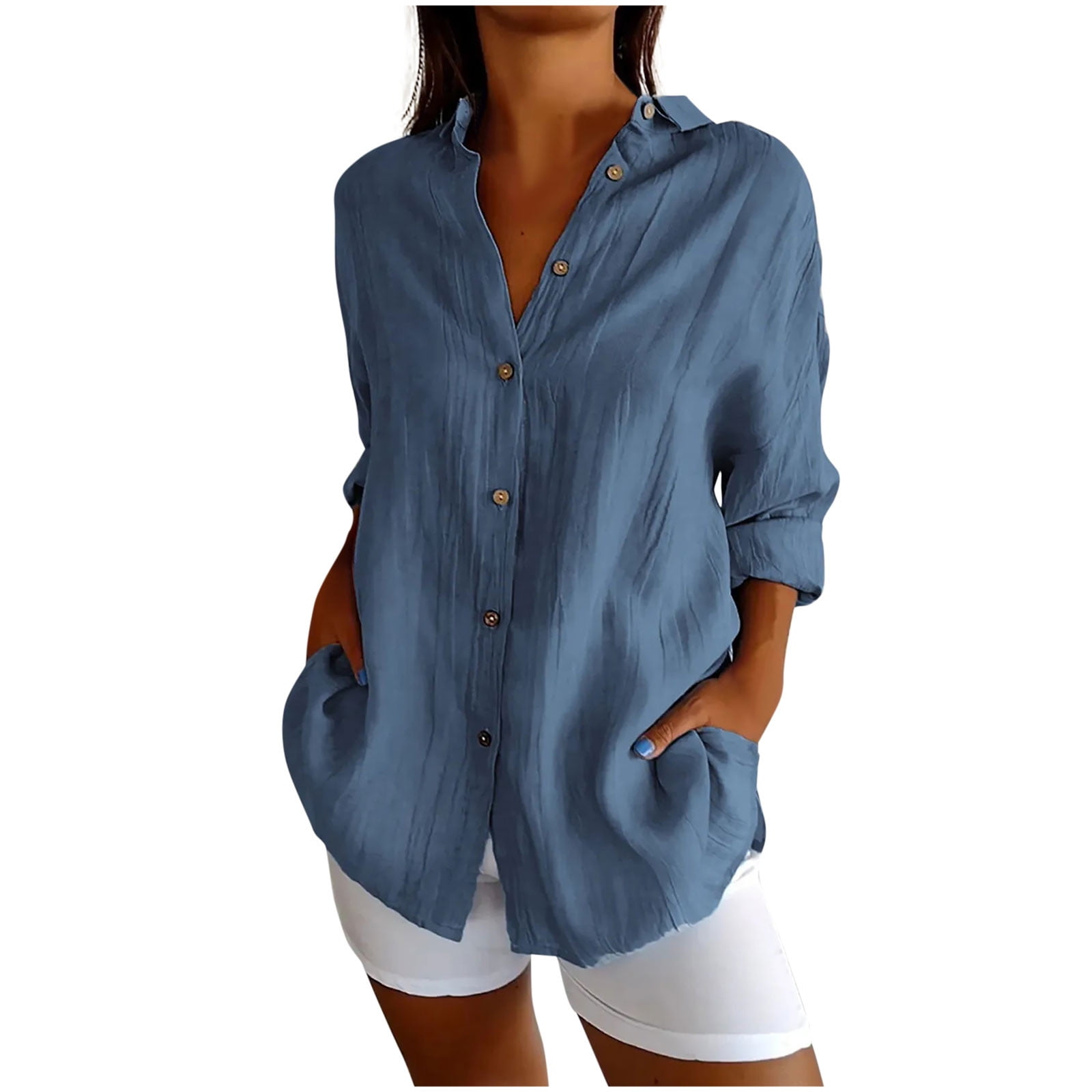 ylioge S-4X Plus Size Shirts for Women 3/4 Sleeve Button-Down Blouses Tops Womens Casual Lightweight Solid Color Collared Work Tshirts Top