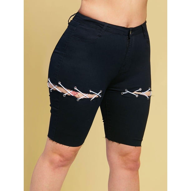 Cordones arriba dobladillo crudo más tamaño biker denim shorts Rosegal Pantalones cortos de talla grande
