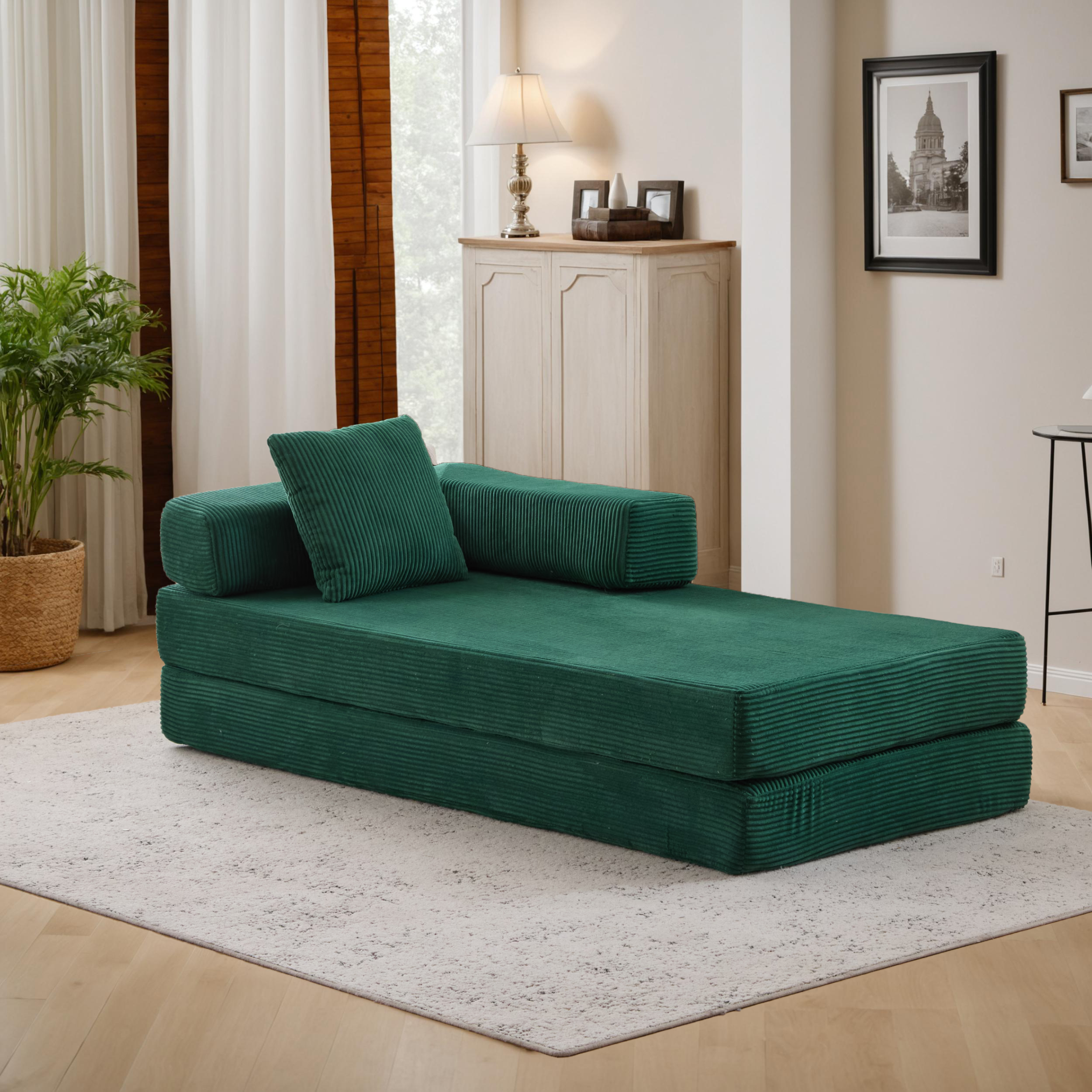 Convertible Couch Sofa Bed Foldable Floor Sleeper | Modern Fold Out Couch | Removable Backrest & Armrests | No Assembly Compression Sofa Sleeper for Living Room, Bedroom | Corduroy Fabric Green