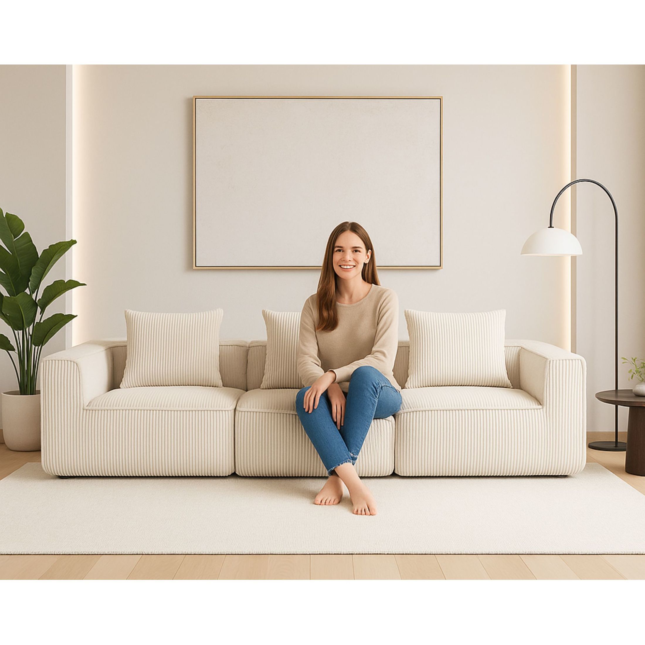 Noble House Tobias 3-Seater Modular Compressed Sofa, Corduroy Upholstery with Multi-Position for Living Room, Beige