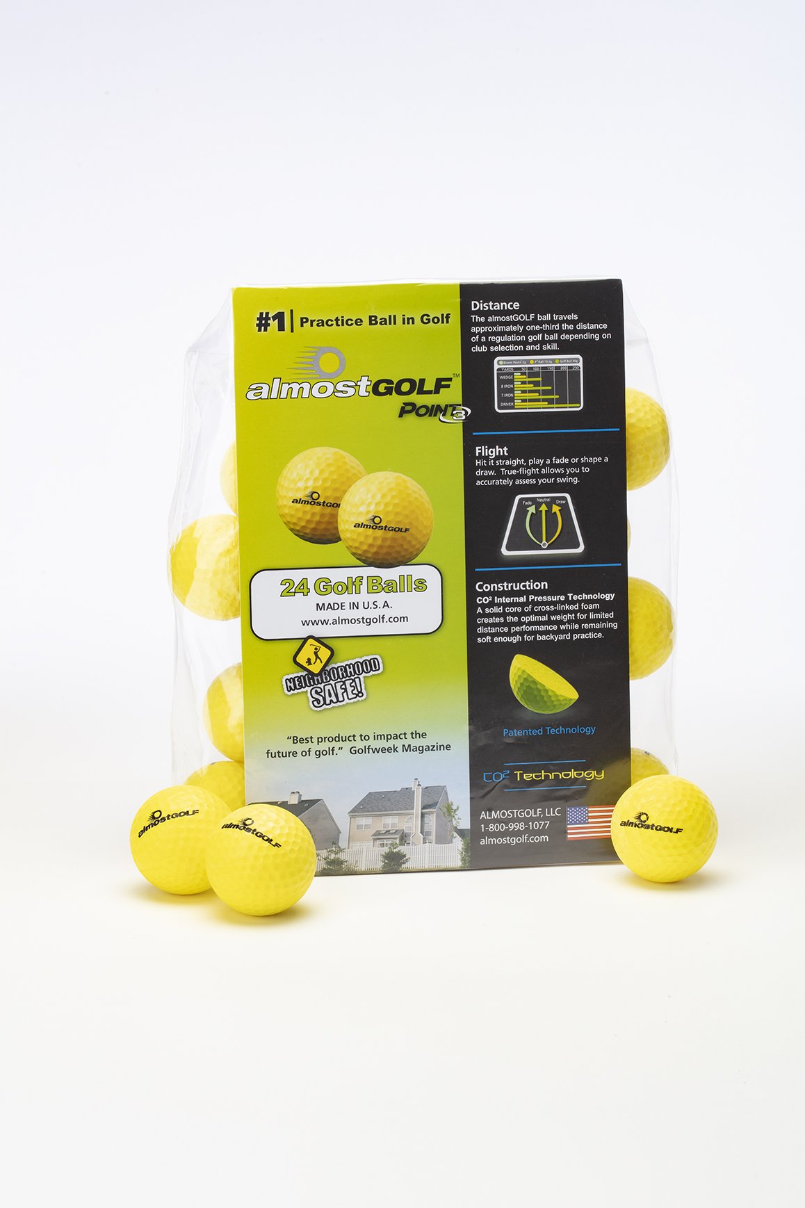 ALMOSTGOLF Point3 Limited Flight Practice Golf Balls – Realistic Spin, Trajectory, & Accuracy Foam Training Balls Pack of 24, Hi-Vis Yellow