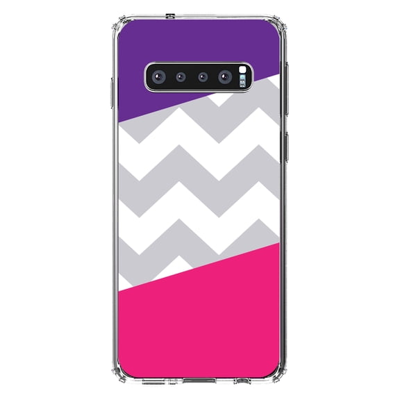 DistinctInk Clear Shockproof Hybrid Case for Samsung Galaxy S10  PLUS(6.4" Screen) - TPU Bumper, Acrylic Back, Tempered Glass Screen Protector - Purple Pink Block Grey Chevron - Stripes Pattern
