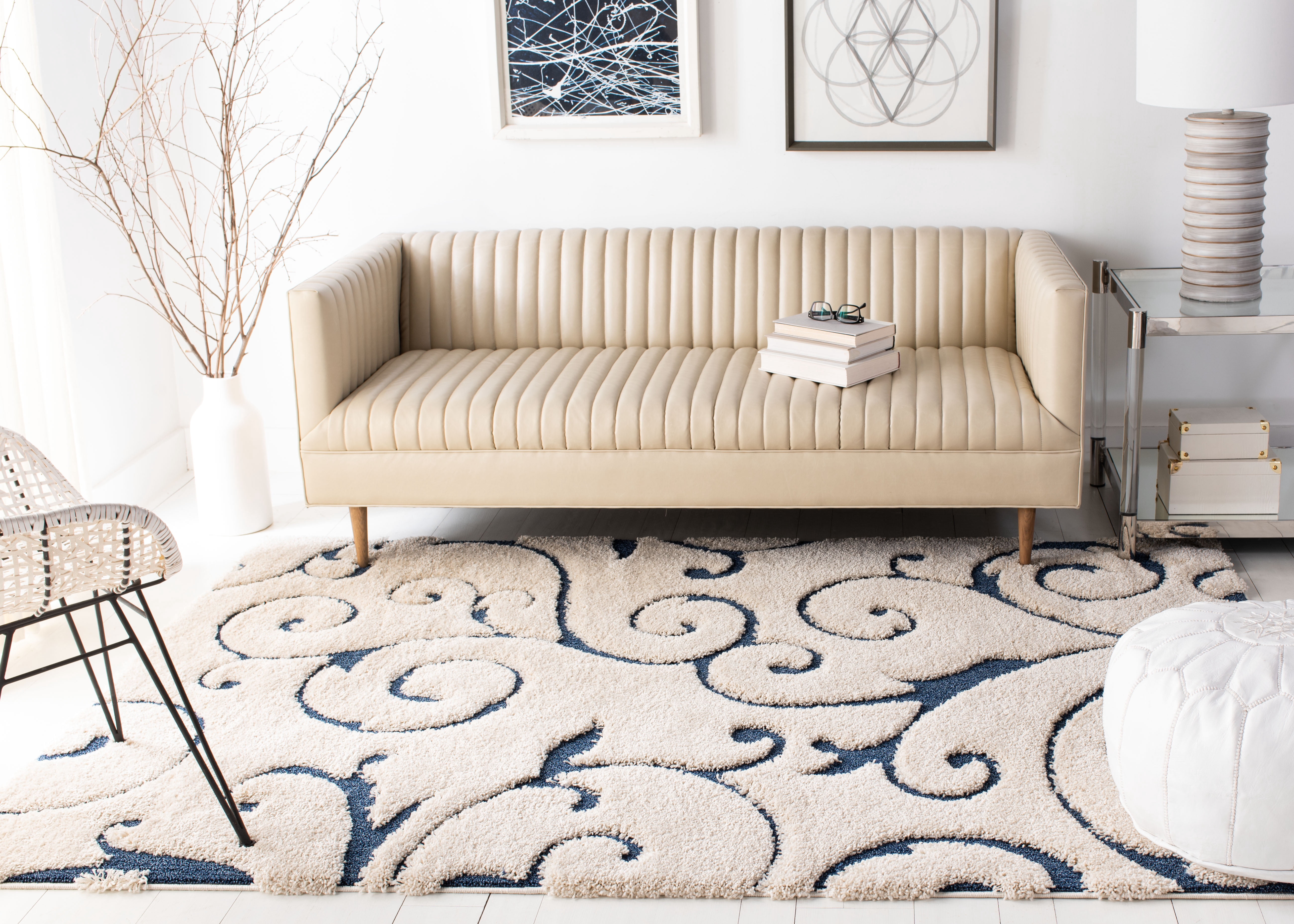 Safavieh Florida Doug Floral Vines Geometric Shag Area Rug, Cream/Blue, 6' x 8'
