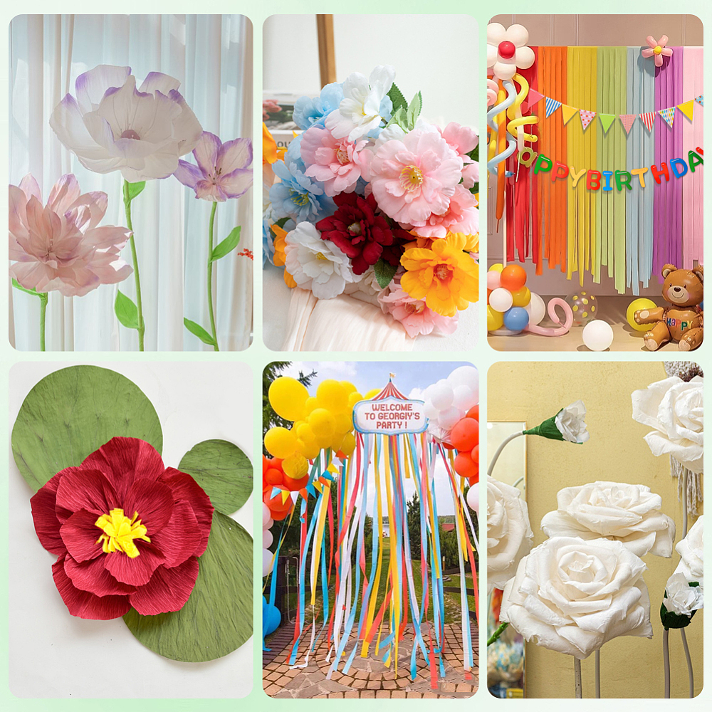 6 Rolls 6 Colors Handmade Crepe Paper with 2 Rolls Garden Grafting Paper Tape and 50Pcs Plastic with Iron Floral Stem 2500x250x0.1mm