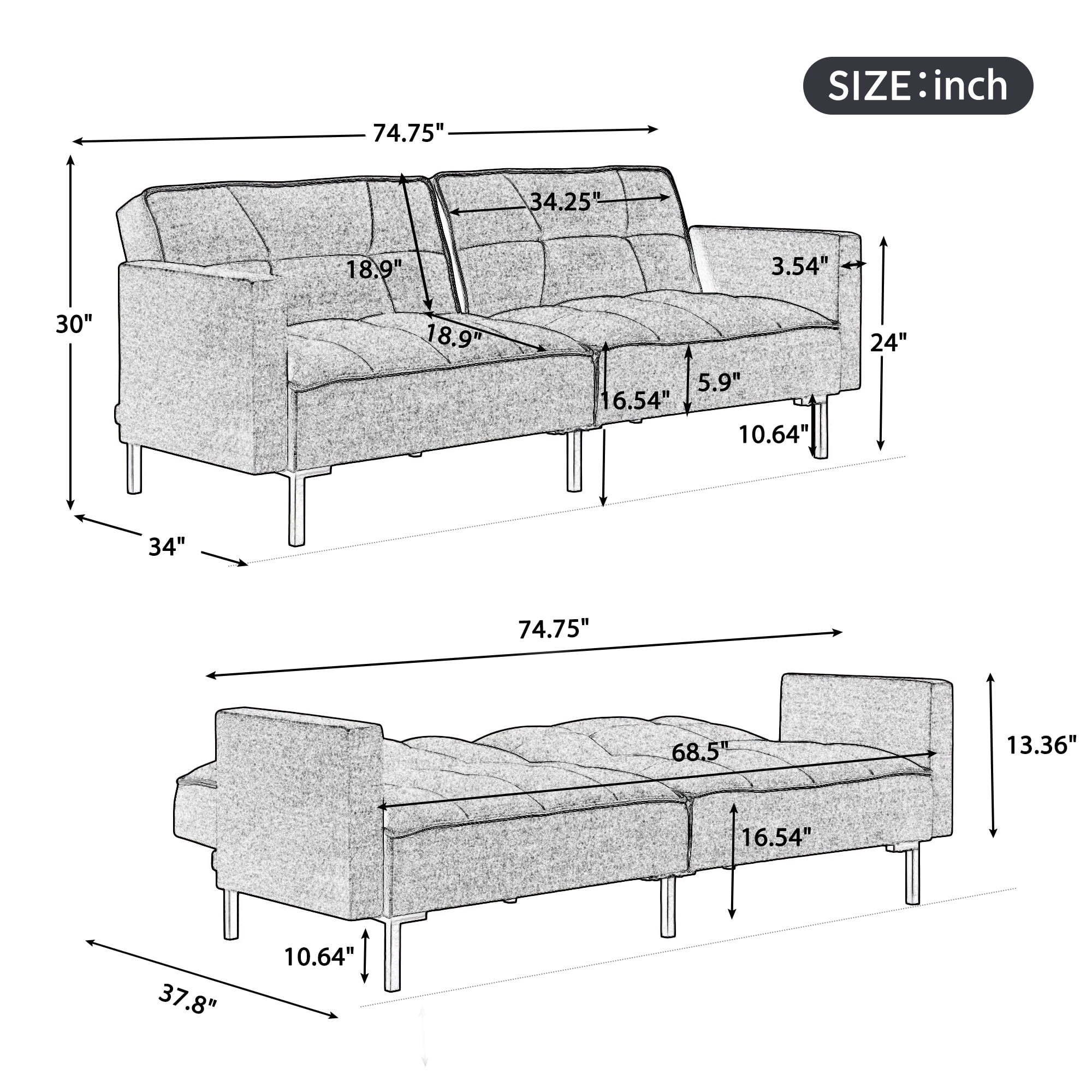 DEALTOPS Upholstered Futon Sofa Bed Sleeper Sofa Couch Convertible Folding Couch Bed Adjustable Recliner Loveseat Sofas for Living Room - Gray