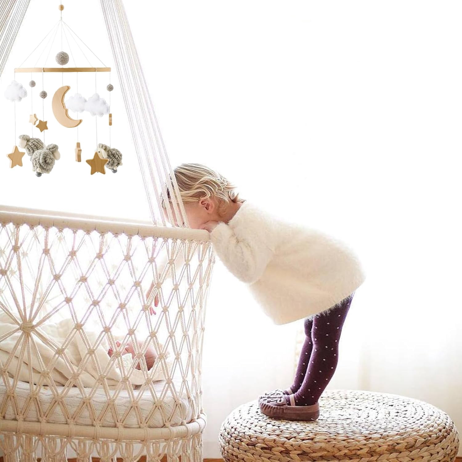 Wooden Baby Crib Mobile – Montessori-Inspired Nursery Decor with Soft Neutral Tones, Handcrafted Hanging Toy for Newborns 0-6 Months, Calming Visual & Sound Stimulation Gift​