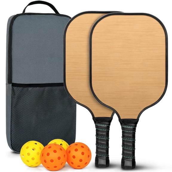 Pickleball Paddles Set Of 2, Fiberglass Surface, Wood Grain Print, 4 Balls & Bag