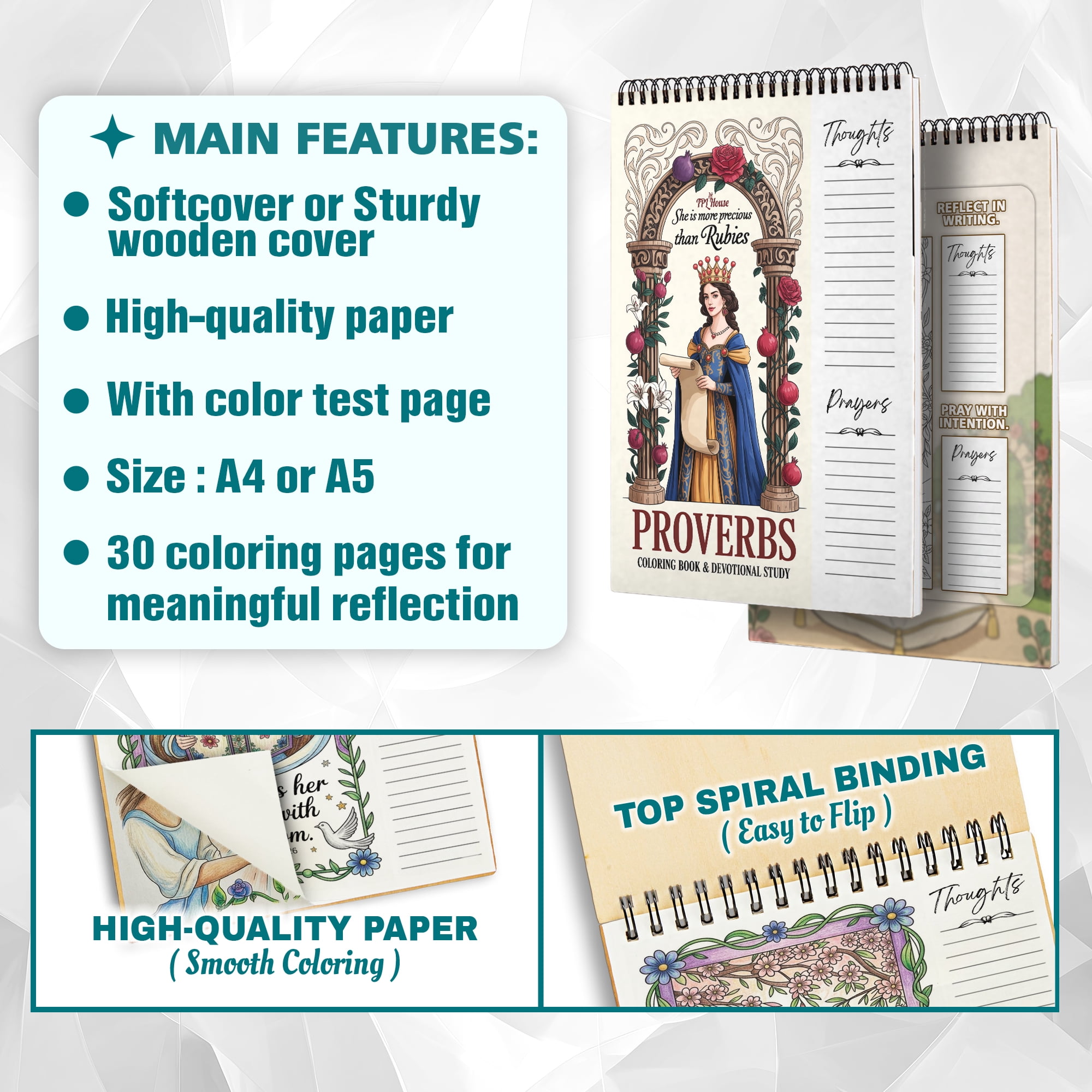 Proverbs Coloring Book for Adults, 30 Minimalist Scripture Art Pages with Reflection & Prayer Space, Spiral Bound, A4 or A5 Softcover or Wood Cover