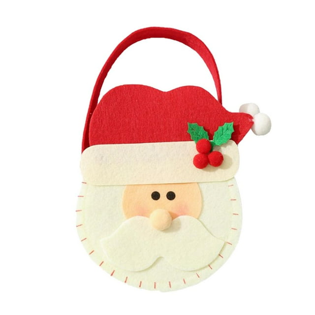 bolsa de tela hecha santa decoración de navidad de ciervo papá noel colco bolsas de dulces de navidad de tela bolsa de mano, vista frontal centrada; fieltro con rostro redondo y barba blanca, gorro rojo con pompón y adorno de hojas y bayas, asa roja y costura decorativa; tamaño aprox. 20x15 cm, adecuada para dulces, chocolates o pequeños regalos en fiestas navideñas y como detalle para bolsas de regalo.