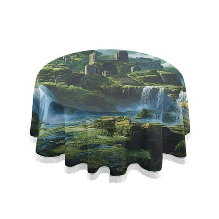 

60 Round Tablecloth with White Lace Trim Wrinkle & Heat-Resistant Table Cover for Dining and Home Decor Ancient Ruins and Waterfalls