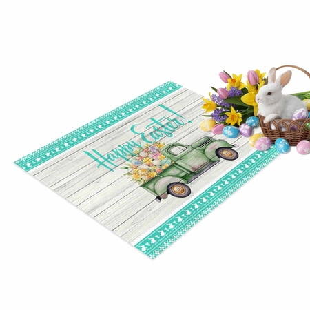 Happy Easter Door Mat Vintage Watercolor Green Truck Colorful Flowers Eggs Wood Grain Non Slip Absorbent Entrance Mat Washable Low Profile Indoor Doormat for Front Door Entryway Entry 16 x24