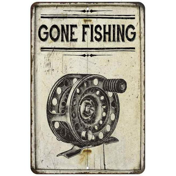 Gone Fishing Reel Vintage Look Chic Distressed 8x12208120020247