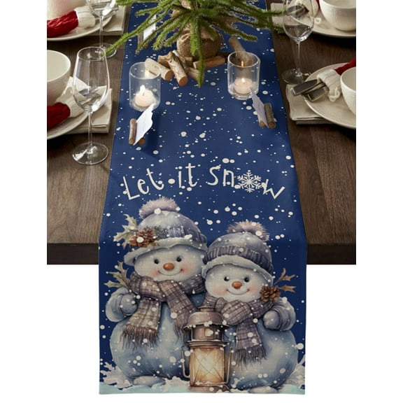 Table Runner 72 Inches Long for Kitchen Dining, Navy Blue Snowman Christmas Dresser Scarf Farmhouse, Dining Table Decorations for Wedding/Parties, Watercolor Xmas Snowflake 13 x 72 In