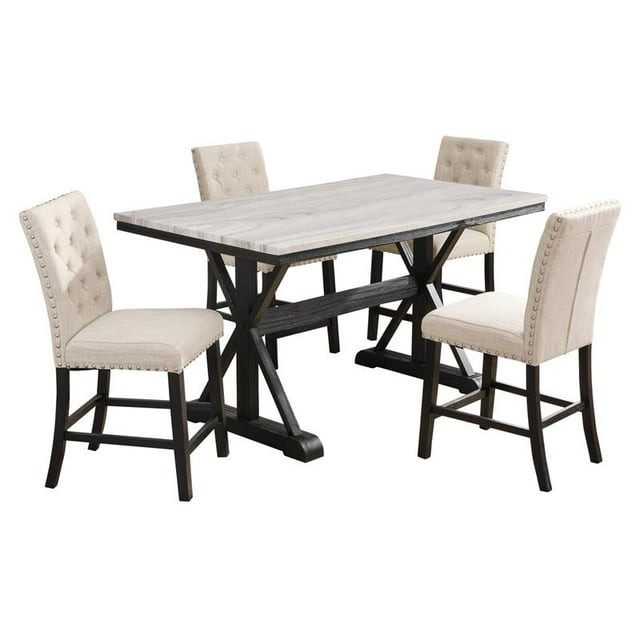 Light Espresso Faux Marble Counter Height Dining Set with Beige Chairs Wood Base