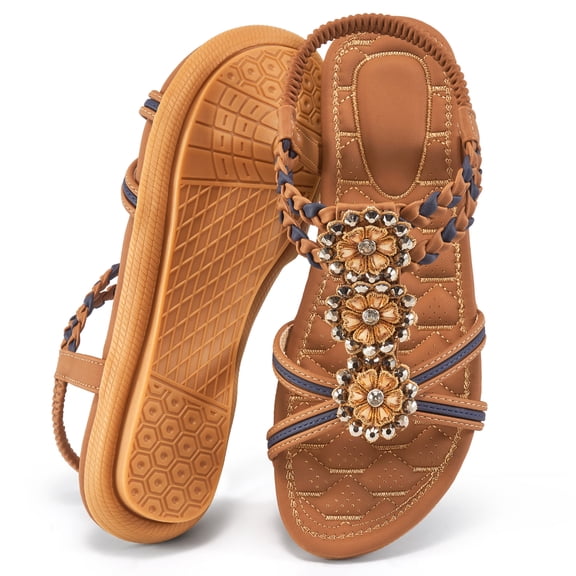 Ablanczoom Womens Sandals: Rhinestone Flower Comfortable Summer Flat Sandals for Women Beach Shoes