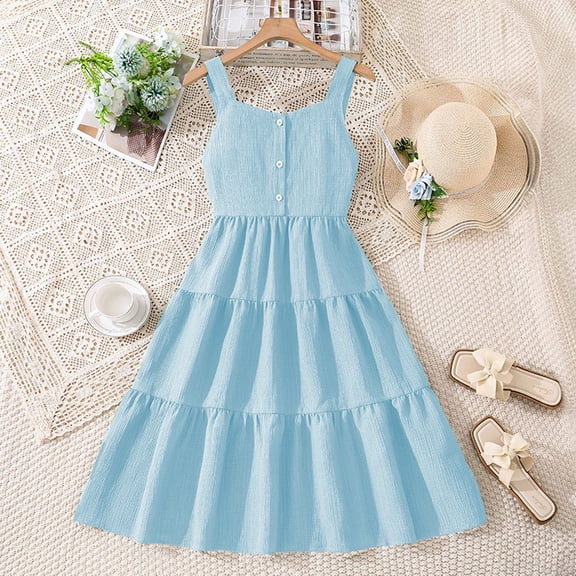 Babcutegg Girls’ Lightweight Sleeveless Summer Dress With Adjustable Straps And Back Bow Detail Sky Blue Size 12