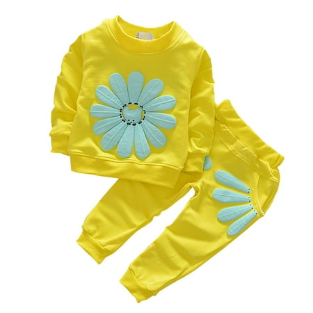 

Otqutp Warm Clothes for Baby Girls Set Spring/Autumn Long Sleeve Daisy Print Pullover Sweater Top+Petal Print Double Pocket Pants Set Party Birthday School