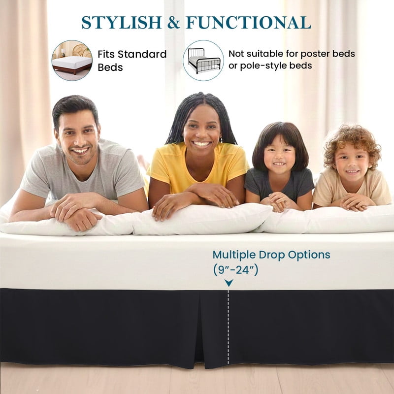 Cal-King Tailored Style Bed Skirt, 16" Drop Length, Soft 100% Microfiber, Quadruple Pleated Tailored Design, Hotel Quality, Black Solid