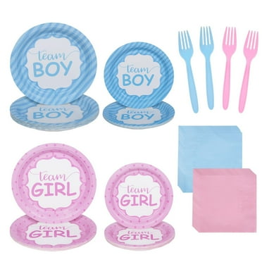 Celebrate the big reveal with our Complete Gender Reveal Party Set, featuring 24 plates, napkins, and forks for 24 guests. Perfect for baby showers and unforgettable moments.