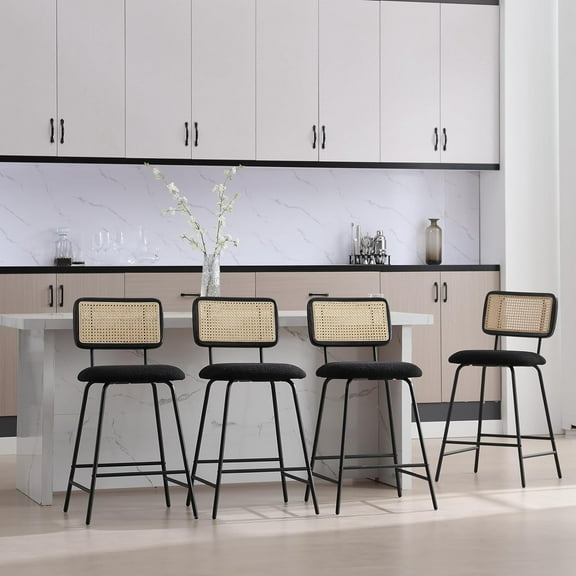 Rattan Counter Height Bar Stools Set of 4, 26'' Boucle Counter Stools with Cane Back, Modern Counter Stools for Kitchen/Home Bar/Restaurant, Black Sherpa