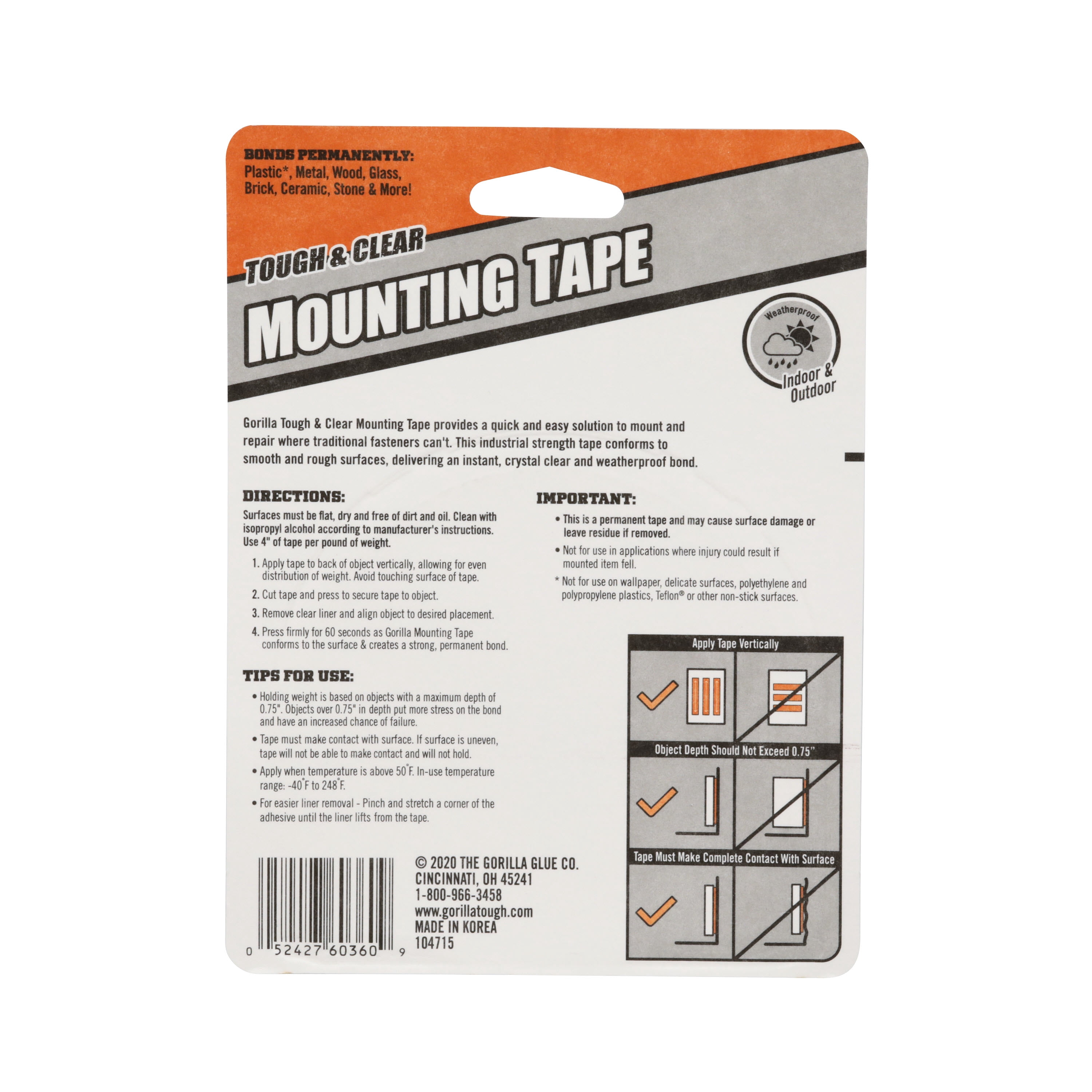(2 pack) Gorilla Tough & Clear Double Sided Mounting Tape, Clear Tape, 1" x 150"