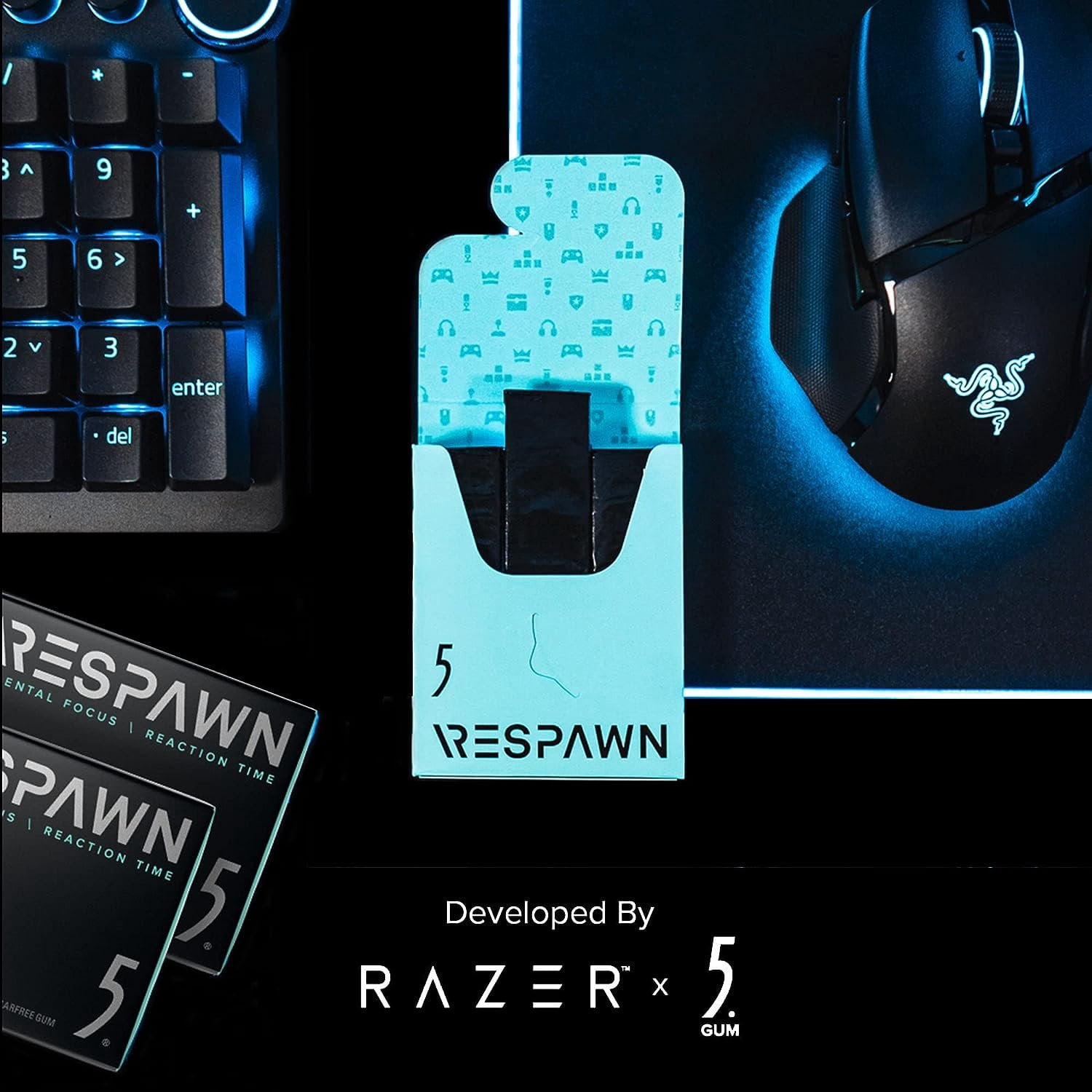 RESPAWN By 5 Mental Focus Gum - Cool Mint - Sugar-Free Chewing Gum - For Gamers. By Gamers. - 10 Packs - 150 Sticks