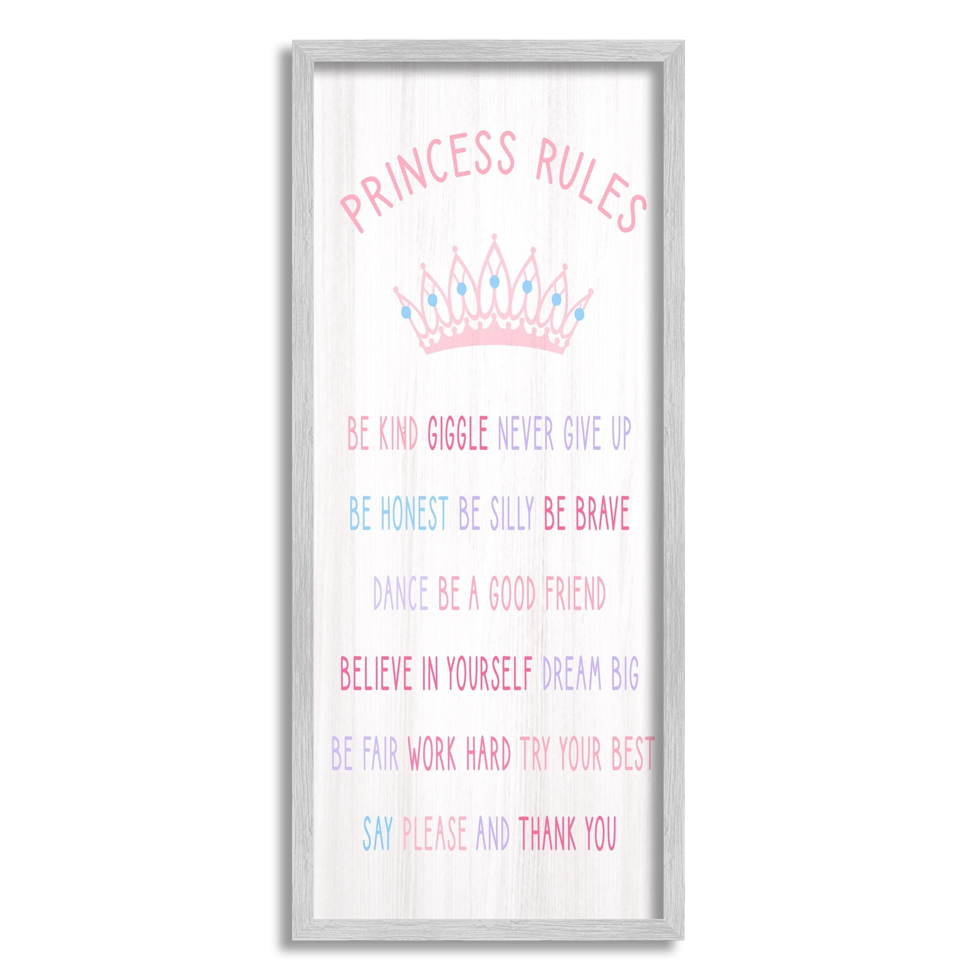 Stupell Industries Princess Rules Listed Kids Pretend Pink Crown Inspirational Painting Black Framed Art Print Wall Art, 13 x 30