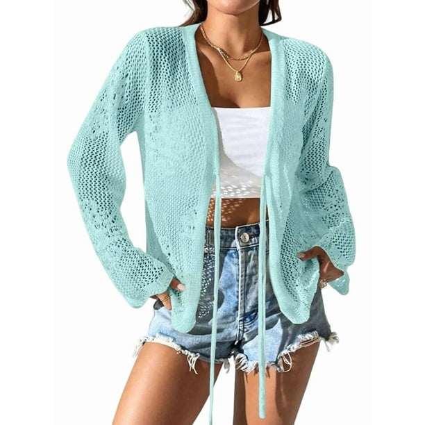 Cárdigan Informal de Playa para Mujer, de Larga, con Aberturas y Lazo Frontal de Crochet. Azul XL