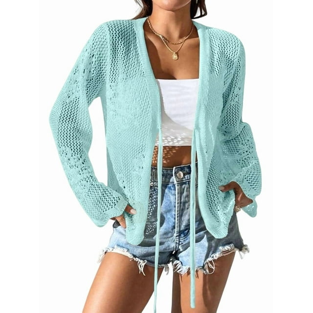Cárdigan Informal de Playa para Mujer, de Larga, con Aberturas y Lazo Frontal de Crochet. Azul XL