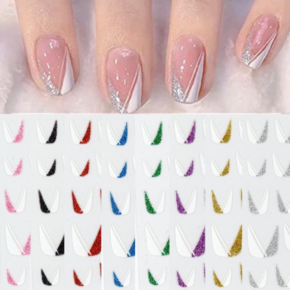 Autocollant d'Art d'Ongle Français, Autocollants d'Ongle Français Auto-Adhésifs 3D Guides d'Ongles en Forme de V pour Manucure Décoration d'Ongles DIY (8 Feuilles)