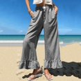 thumbnail image 3 of Women's Checkered Wide Leg Long Pants, High Waist Casual Trousers with Ruffle Hem, Loose Fit Summer Home Vacation Style Pants for Daily Wear Black L, 3 of 5
