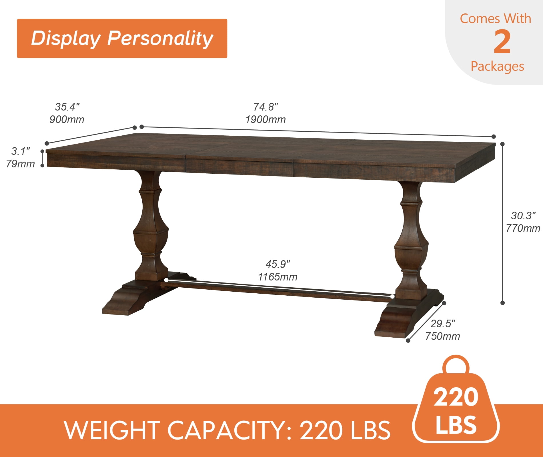 WAMPAT Modern Farmhouse Dinning Table Set for 6-8,74.8" Large Kitchen Table with 2 Solid Wood Legs and Double Pedestal Base for Dinning Room & Living Room,Espresso