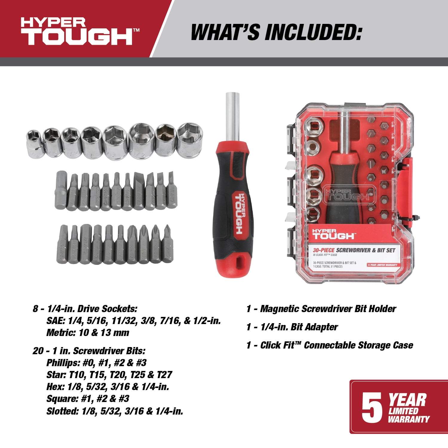 Hyper Tough 30-Piece Screwdriver Handle and Bit Set in Click Fit Case