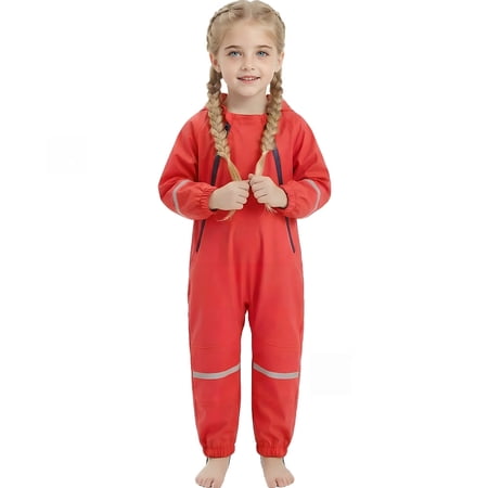 Faraee Kids Waterproof Rain Suit Coverall Toddler Boys Girls Hooded Full Body Raincoat for Outdoor Play Muddy Days (1-2T Red)