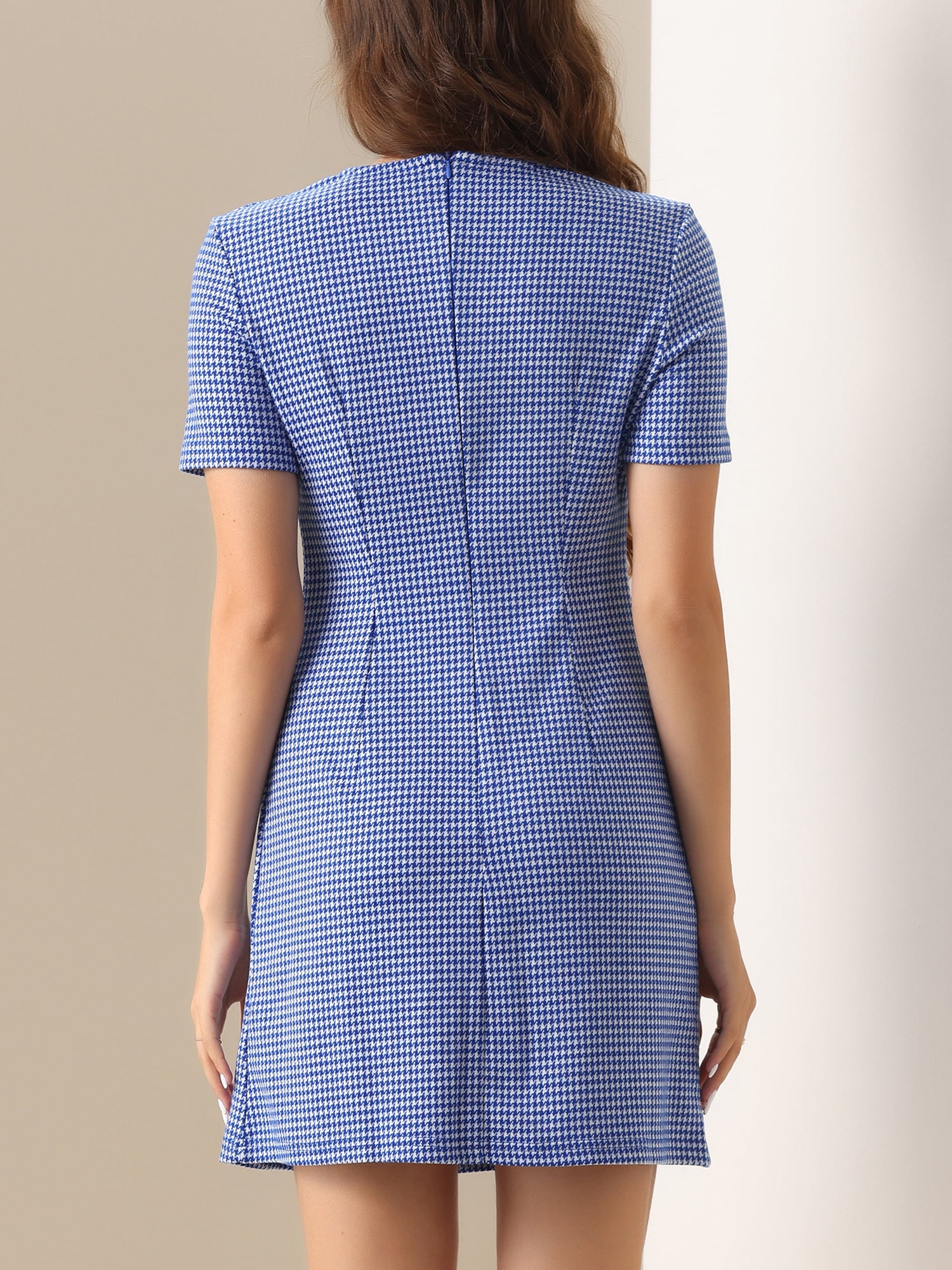 DARING DIVA Women's Dress Short Sleeve Vintage Houndstooth Dresses S Blue Houndstooth