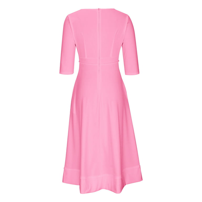 Guzom Fall Wedding Guest Dresses for Women- Short Sleeve Midi Dresses  V-Neck Lace 2023 Formal Dresses Pink