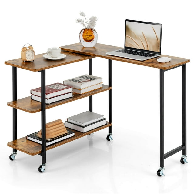 Costway 360° Rotatable Sofa Side Table L-shaped Laptop Desk Snack Table withShelf Patented Brown